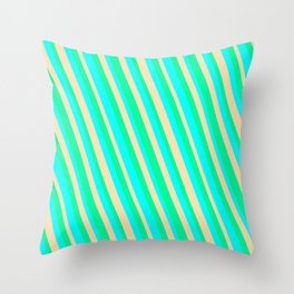 [ Thumbnail: Aqua, Tan, and Green Colored Striped/Lined Pattern Throw Pillow ]