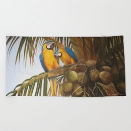 Pina Colada Paradise, Blue & Gold Macaws Beach Towel