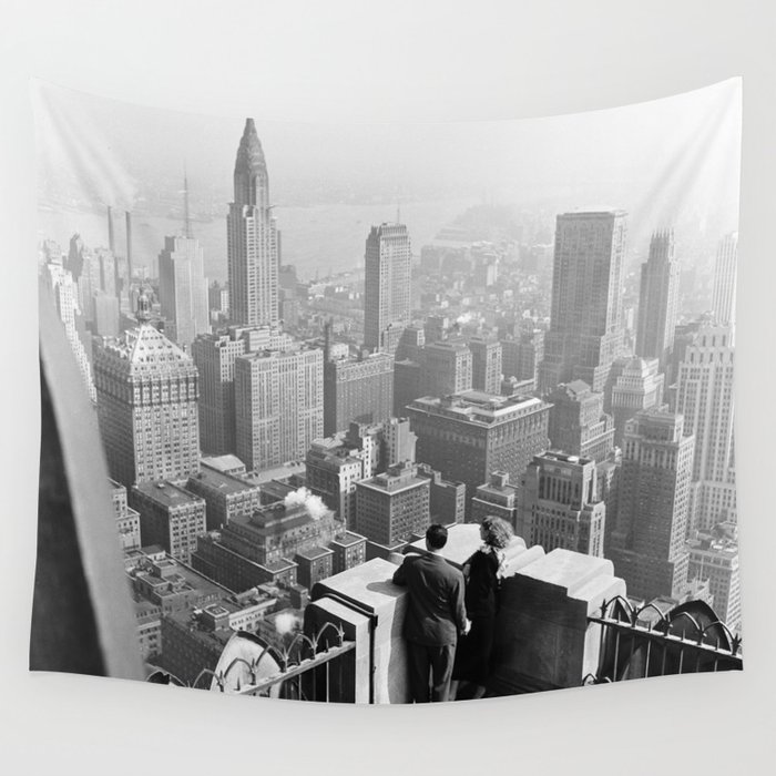 Rooftop view of Manhattan and NYC skyscraper skyline circa 1948 black and white photograph Wall Tapestry