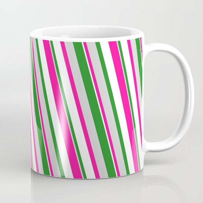 Forest Green, Light Grey, Deep Pink & White Colored Pattern of Stripes Coffee Mug