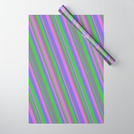 [ Thumbnail: Medium Slate Blue, Lime Green, Gray, and Orchid Colored Lined Pattern Wrapping Paper ]