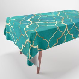 Teal Emerald Golden Moroccan Quatrefoil Pattern Tablecloth
