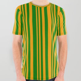 [ Thumbnail: Orange and Green Colored Stripes Pattern All Over Graphic Tee ]