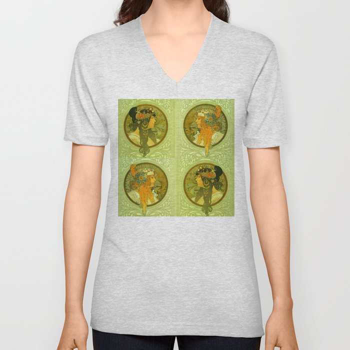 Alphonse Mucha "Byzantine Heads: The Blonde and The Brunette" V Neck T Shirt