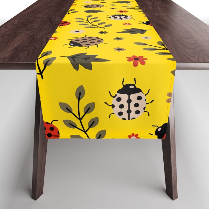 Ladybug and Floral Seamless Pattern on Yellow Background Table Runner