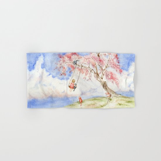 Girl On A Sakura Tree Swing With Cats Hand Bath Towel By Evgeniya Society6
