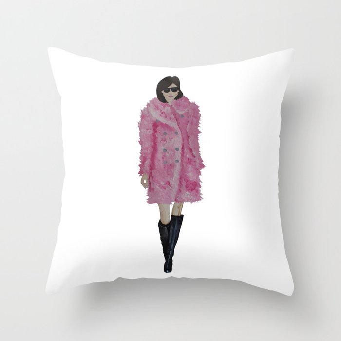 Fashion Illustration 'Kati' pink fluffy coat Throw Pillow