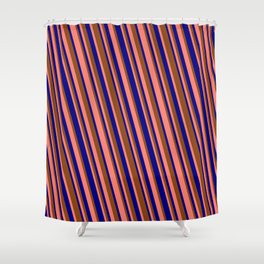 [ Thumbnail: Blue, Brown & Salmon Colored Stripes Pattern Shower Curtain ]