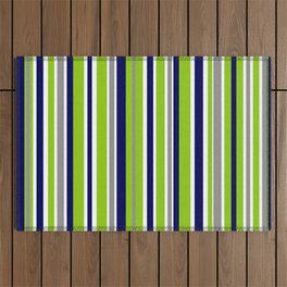 Lime Green Bright Navy Blue Gray and White Vertical Stripes Pattern Outdoor Rug