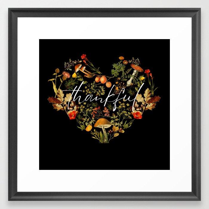 Autumn Dark Botanical Forest Mushrooms Wildflowers Thankful Framed Art Print
