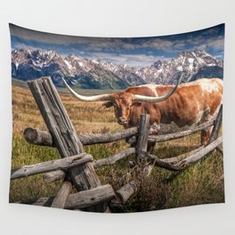 Texas Longhorn Steer with Wood Log Fence in Wyoming Pasture Wall Tapestry