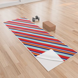 [ Thumbnail: Orange, Dark Blue, Turquoise, and Red Colored Stripes Pattern Yoga Towel ]