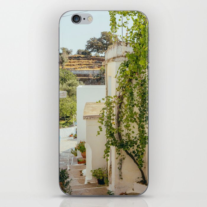 Traditional Greek Street Scene | White Houses Overgrown with Plants | Summer Travel Photography in Greece, Europe iPhone Skin