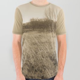 Vintage sepial monochromatic forest meadow landscape All Over Graphic Tee