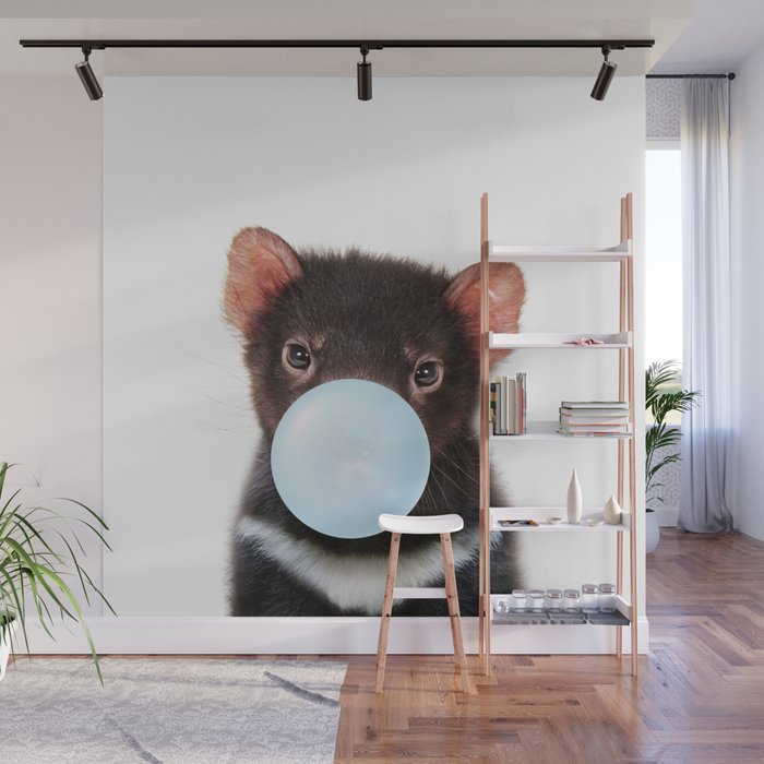 Baby Tasmanin Devil Blowing Blue Bubble Gum, Baby Boy, Nursery, Baby Animals Art Print by Synplus Wall Mural