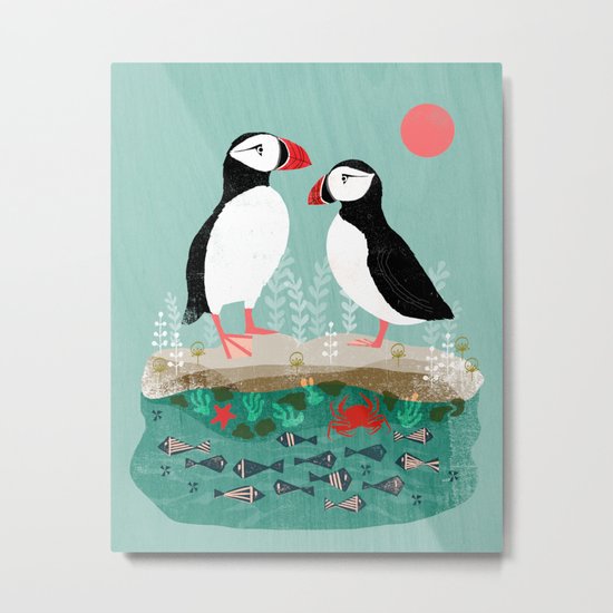 Puffins - Bird Art, Shorebird, Sea bird, birds, Cute illustration by Andrea Lauren Metal Print