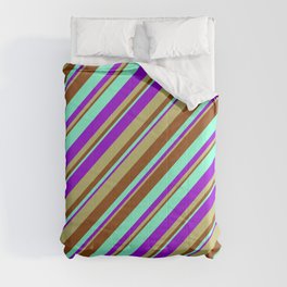 [ Thumbnail: Aquamarine, Dark Violet, Dark Khaki, and Brown Colored Stripes/Lines Pattern Comforter ]
