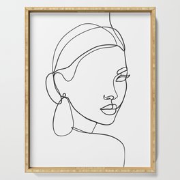 Abstract woman face line drawing Serving Tray
