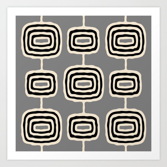 Mid Century Modern Atomic Rings Pattern 233 Black Beige and Gray Art Print