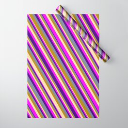 [ Thumbnail: Eye-catching Dark Goldenrod, Tan, Fuchsia, Indigo, and Light Slate Gray Colored Striped Pattern Wrapping Paper ]