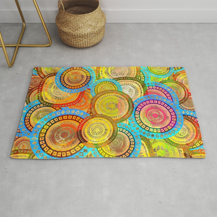 Colorful Circular Tribal Pattern With Gold Rug By K9printart