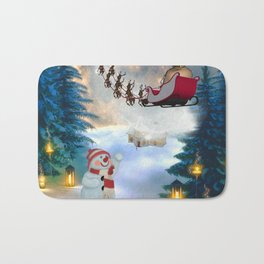 Christmas, snowman with Santa Claus Bath Mat | Reindeer, Happy, Background, Invitation, Greeting, Painting, Tree, Design, Merry, Celebration 