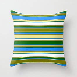 [ Thumbnail: Eyecatching Green, Tan, Dark Green, Blue, and White Colored Lines Pattern Throw Pillow ]