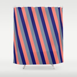 [ Thumbnail: Salmon, Midnight Blue, and Light Slate Gray Colored Pattern of Stripes Shower Curtain ]