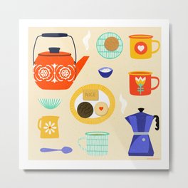 Tea and coffee retro pattern / moka pot / tea and biscuits / kitchen art Metal Print | Englishbiscuits, Mokapot, Teatime, Britishkitchen, 1970S, Vintagetea, Campingcups, Teaandbiscuits, Cookies, Enamelcups 