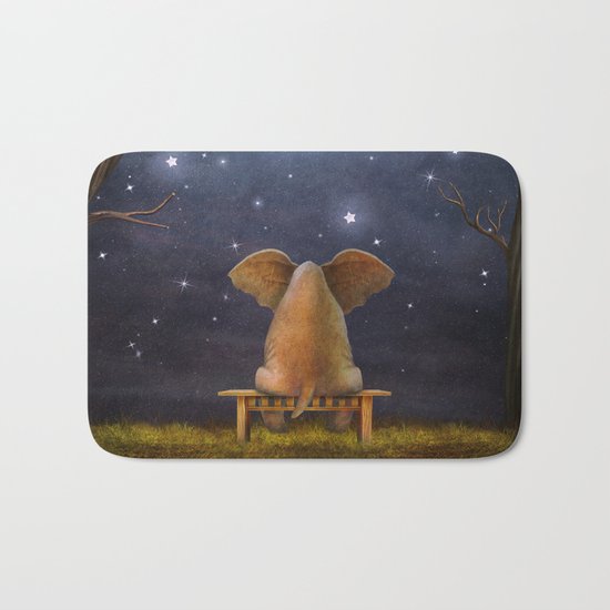 Illustration of a elephant on a bench in the night forest Bath Mat
