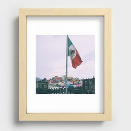 Mexico Photography - The Mexican Flag In Front Of A Colorful City Recessed Framed Print