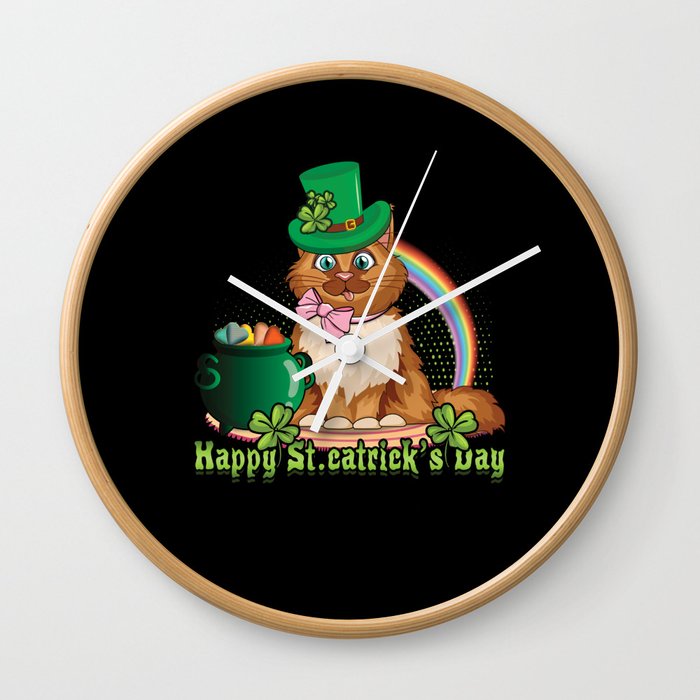 Cat St. Catricks Day Shamrock Saint Patrick's Day Wall Clock