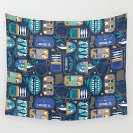 Vintage canned sardines // navy blue background peacock teal and electric blue cans  Wall Tapestry