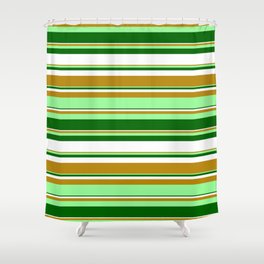 [ Thumbnail: Dark Goldenrod, Green, Dark Green, and White Colored Stripes Pattern Shower Curtain ]