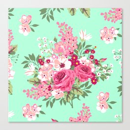 Cottage Chic Roses and Lilacs Floral in Aqua and Pink Canvas Print