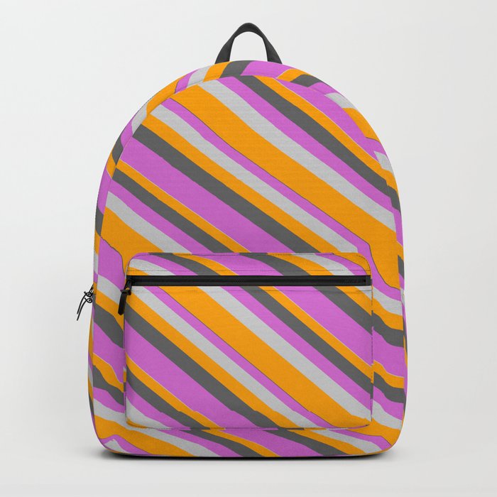Dim Gray, Orchid, Light Gray & Orange Colored Lined Pattern Backpack