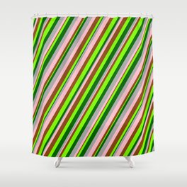 [ Thumbnail: Vibrant Dark Grey, Pink, Brown, Green & Dark Green Colored Lined Pattern Shower Curtain ]