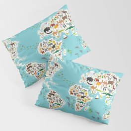 Cartoon animal world map for children and kids, Animals from all over the world Pillow Sham