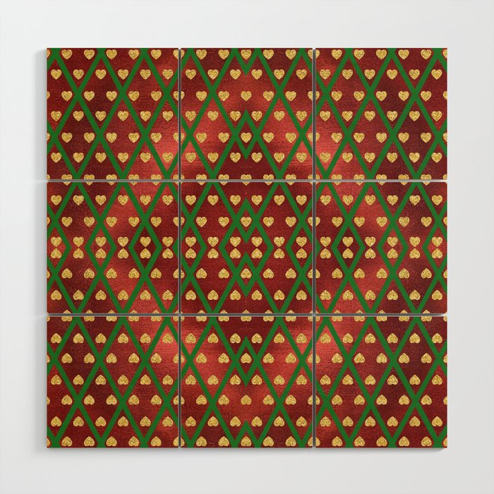 Gold Hearts on a Red Shiny Background with Green Crisscross  Diamond Lines Wood Wall Art