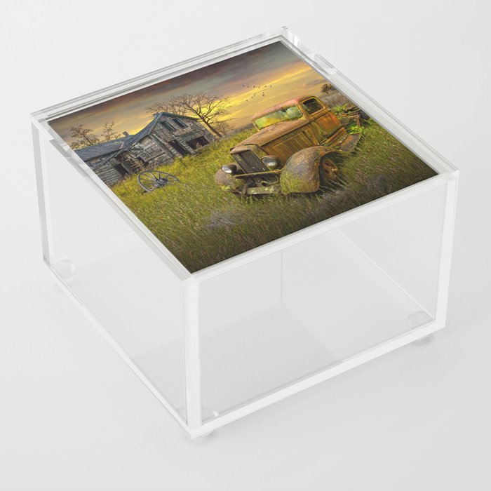 Abandoned Pickup Truck and Farm House at Sunset in a Rural Landscape Acrylic Box