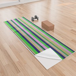 [ Thumbnail: Plum, Dark Khaki, Midnight Blue, and Lime Green Colored Lines/Stripes Pattern Yoga Towel ]
