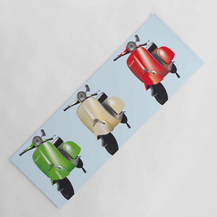 Three Vespa scooters in the colors of the Italian flag Yoga Mat