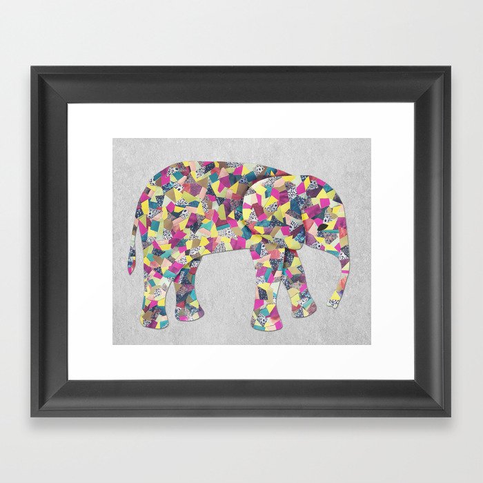 Elephant Collage in Gray Hot Pink Teal and Yellow Framed Art Print