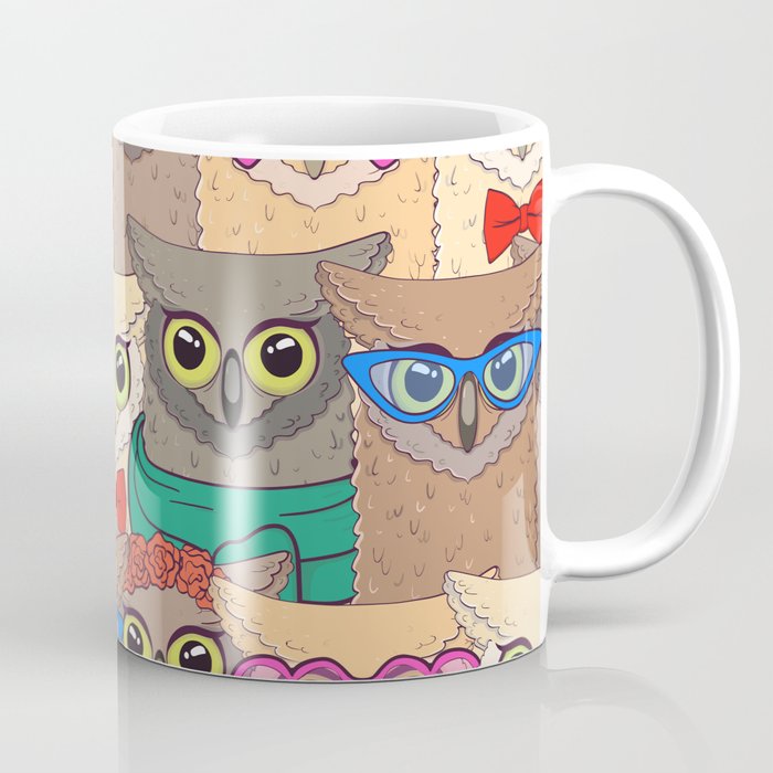 Pattern with cute owls with trendy accessories - glasses, bow-tie