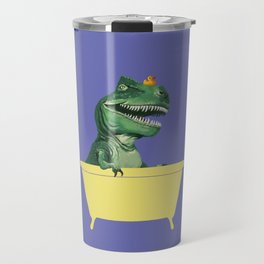 Playful T-Rex in Bathtub in Purple Travel Mug