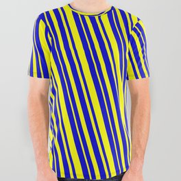 [ Thumbnail: Blue & Yellow Colored Striped/Lined Pattern All Over Graphic Tee ]