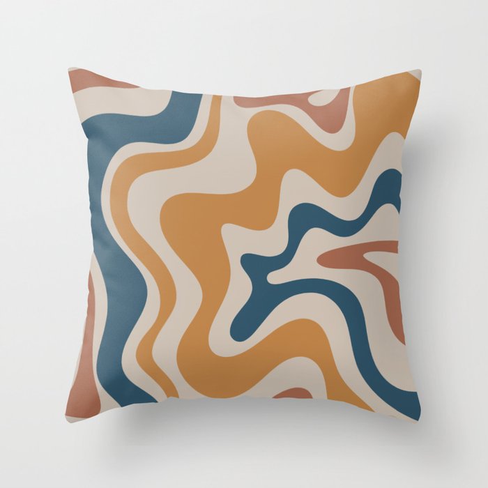 Liquid Swirl Retro Abstract Pattern Blue Ochre Rust Taupe Throw Pillow