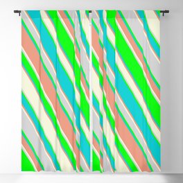 [ Thumbnail: Lime, Dark Turquoise, Dark Salmon, Beige, and Light Gray Colored Stripes/Lines Pattern Blackout Curtain ]