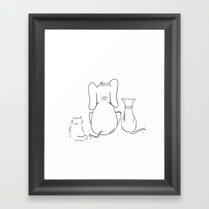 Cat, elephant, and dog friendship trio Framed Art Print | Drawing, Digital, Elephant, Cat, Dog, Pit-bull, Cat-dog-elephant, Black-and-white, Drawing, Gift