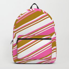 [ Thumbnail: Dark Goldenrod, White, and Hot Pink Colored Stripes/Lines Pattern Backpack ]